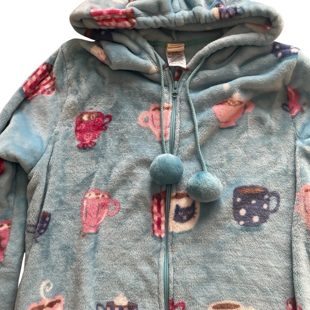 Munki Munki Women's Size L One Piece Pajama Light Blue Coffee Tassle Hood - Picture 6 of 10